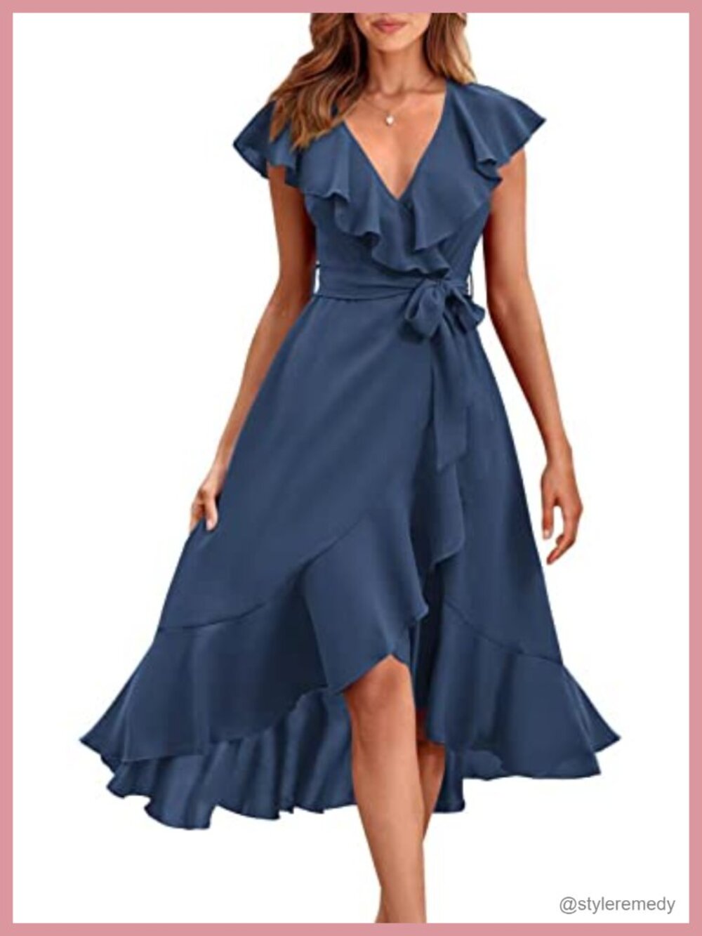 Women's Cross V Neck Ruffle Midi Dress Tie Waist High Low Hem Boho Beach